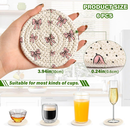 Kigai Pink Bow Coasters for Drinks with Holder 3.9 Inch Absorbent Heat-Resistant Cotton Woven Coaster Coffee Bar Accessories for Home Decor Table Protection, 6Pack