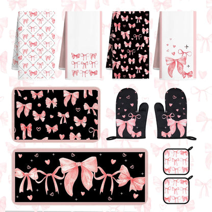 10 Pcs Cute Pink Bow Kitchen Decor and Accessories - Valentines Day Sets 4 Dish Towels 2 Pot Holders 2 Oven Mitts 2 Rugs for Kitchen Bathroom Home Cooking Housewarming Baking Daughter Mom Gift