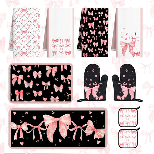 10 Pcs Cute Pink Bow Kitchen Decor and Accessories - Valentines Day Sets 4 Dish Towels 2 Pot Holders 2 Oven Mitts 2 Rugs for Kitchen Bathroom Home Cooking Housewarming Baking Daughter Mom Gift