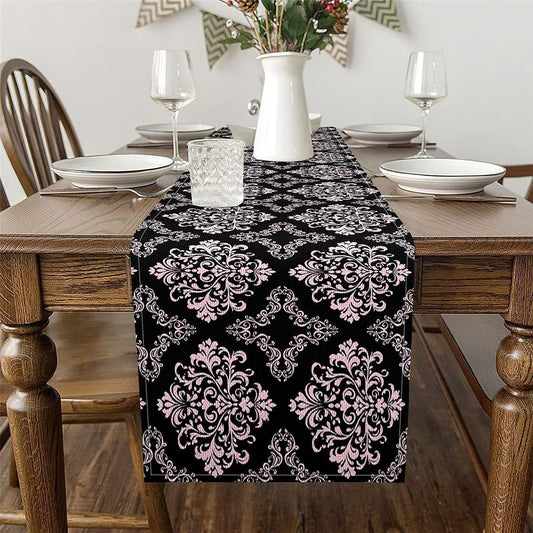 Feelyou Pink Vintage Damask Table Runner,13 x 120 Inch Bohemia Boho Floral Dresser Scarfs European Pattern Baroque Style Dresser Runners Table Decor for Home Party