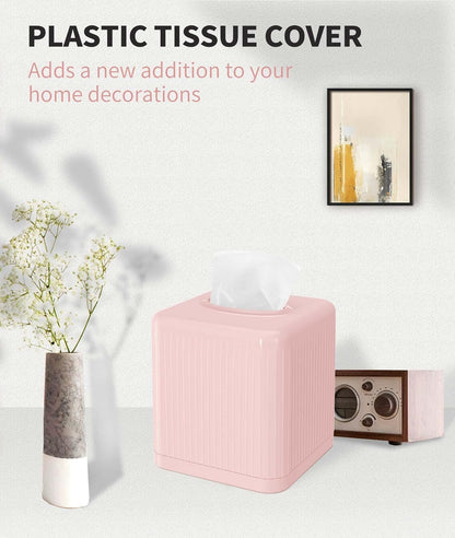 Livelab Tissue Box Cover with Base - Square Plastic Holder, Decorative Case, Modern Facial Paper Dispenser for Bathroom, Vanity Countertops, Night Stands, Desk - Pink