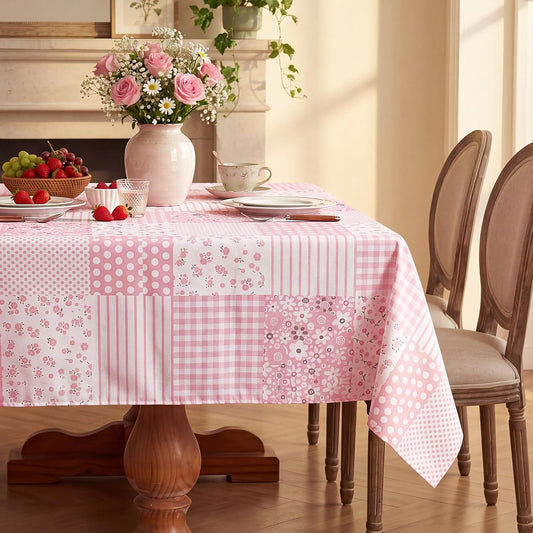 Moukeren Floral Pink Gingham Tablecloth Vintage Patchwork Tablecover Rectangle 60x84 Inch Rustic Pink Striped Table Cloth Plaid Quilted Tablecloths for Kitchen Dining Summer Picnic Party Decor