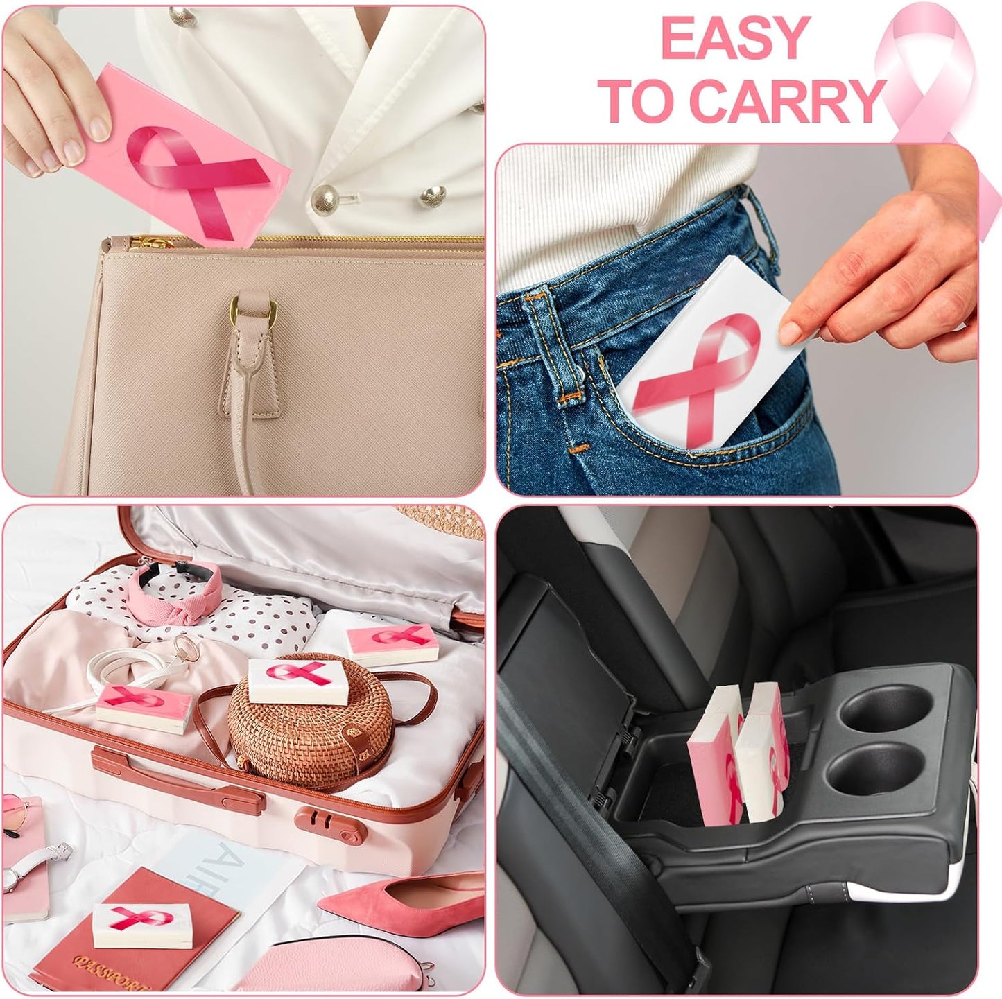 Tenceur 50 Pcs Breast Cancer Awareness Pocket Tissue Bulk 4 Ply Travel Mini Portable Pink Ribbon Pocket Facial Tissue for Women Cancer Survivor Gift Charity Event Supplies Party Favor(White, Pink)