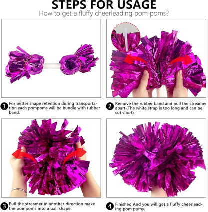 6 Pcs Metallic Cheerleading Pom Poms, 12Inch Cheerleader Pompoms with Baton Handle for School Team Sports Games Dance Cheer