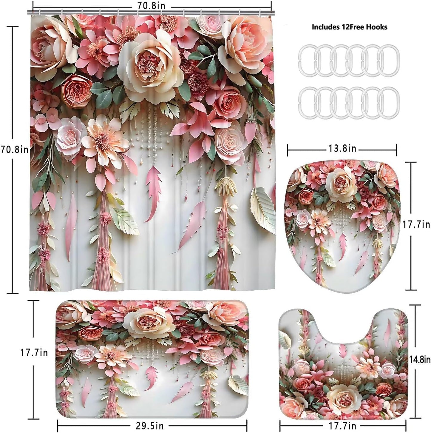 DDQQ Pink Flower Bathroom Shower Curtain Set, Romantic and Cute Rose Floral Polyester Bathroom Decor Set with Shower Curtain and Rugs and Accessories