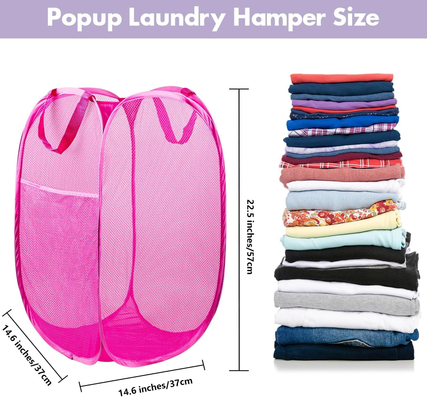 DUCOO Pop Up Laundry Hamper, 70L Collapsible Mesh Laundry Basket with Side Pocket, Foldable Dirty Clothes Hamper with Sturdy Reinforced Handles for Home Dorm Bedroom Travel Storage, Pink, 2Pack