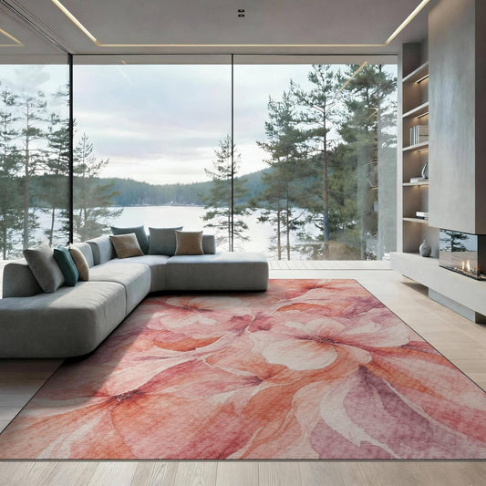 6'x9' Washable Cottage Floral Area Rug, Peach Foldable Non-Slip Large Carpet Foldable Easy Care Carpet for Queen Size Bedroom, Under Bed, Master Bedroom | Ref:2216358
