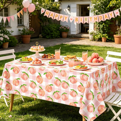 4Pcs Peach Tablecloth Pink Sweet One Peach Girl Summer Birthday Party Decoration 51 x 86 Pink Check Disposable Plastic Table Cloth Dining Room Kitchen Indoor Outdoor Décor (4)