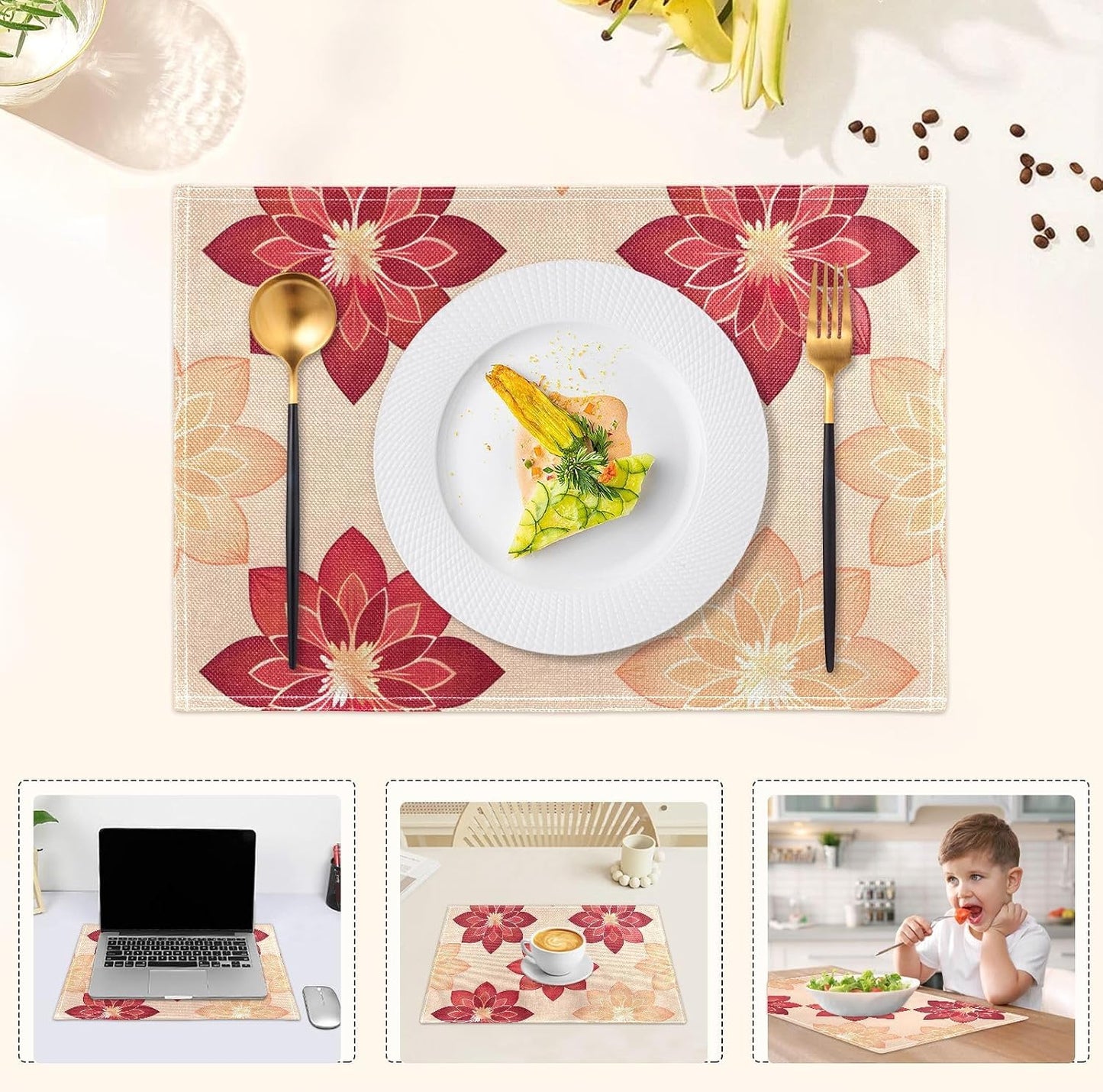 Table Placemats Set of 4 Geometric Flowers Peach Pattern Cotton Linen Cloth Washable Table Mats Heat Resistant Reusable Place Mat for Kitchen Dining 12x18 Inch