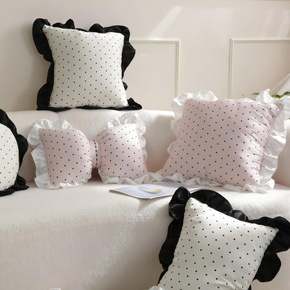 Pink Black Polka Dot Silk Throw Pillow Cover 18x18 Inch, Ruffle Cushion Cover with White Lace Trim, Shabby Decorative Chic Pillowcase for Rustic Living Room, Bedroom & Country Home Decor