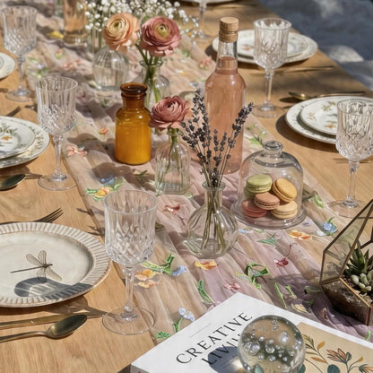 Pink Floral Table Runner 10ft Embroidery Tulle Spring Wildflower Table Runner Seasonal Summer Butterfly Kitchen Dining Gauze Decoration for Baby Shower Wedding Party Birthday (1 Pcs)