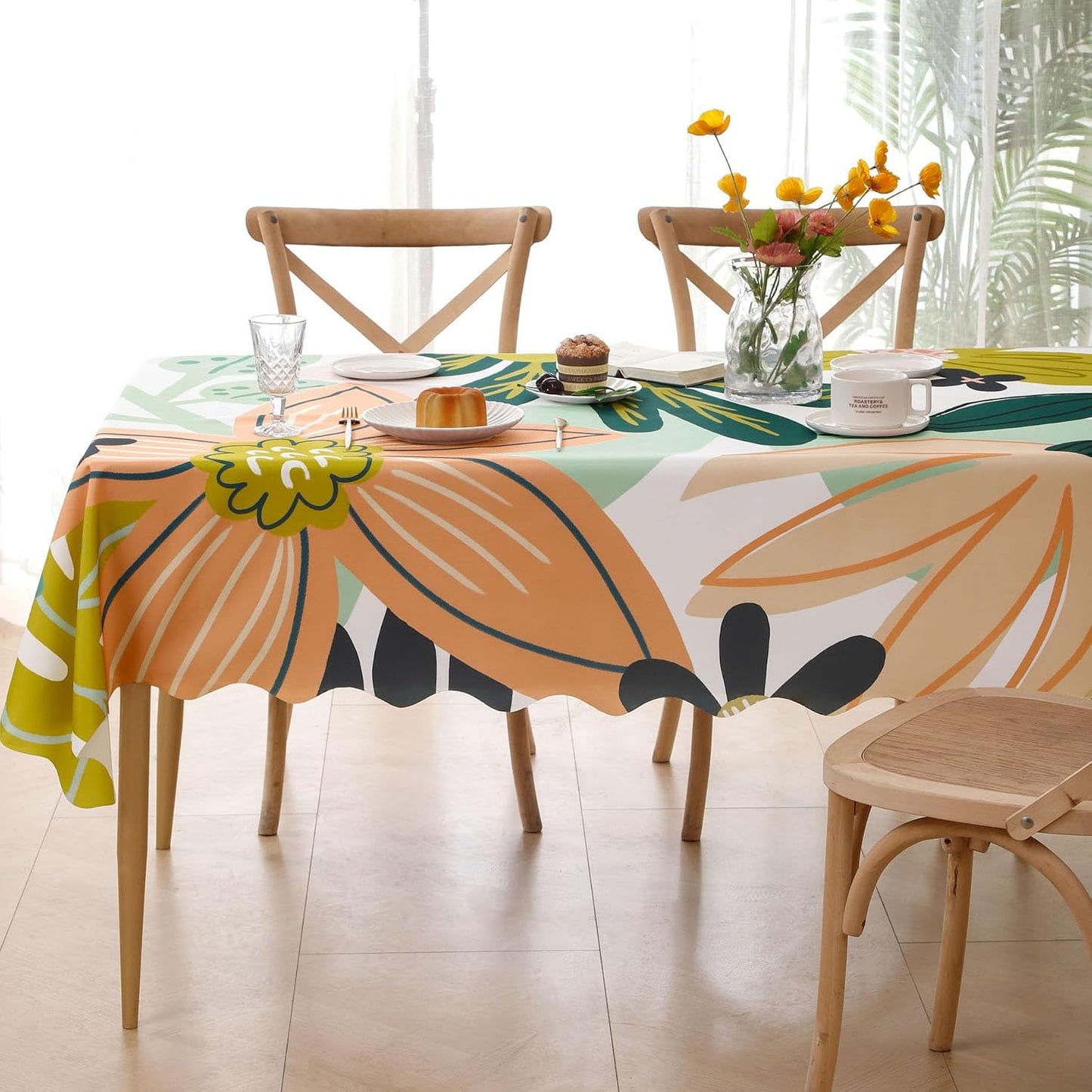 Tyrot Scalloped Boho Floral Rectangle Table Cloth Farmhouse Waterproof Stain Resistant Tablecloth Mid Century Botanical Indoor Outdoor Table Covers for Kitchen Dining/Party, 60x84, Green Pink