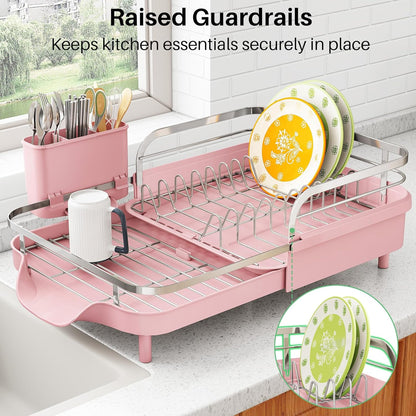 SAYZH Dish Drying Rack - Expandable Dish Rack for Kitchen Counter, Rust-Resistant Dish Drainer with Utensil Holder and Raised Guardrail, Kitchen Organizer for Cup and Bottle (Pink)