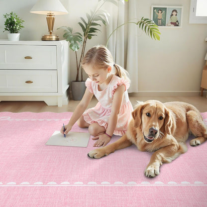 GarveeHome Scalloped Bow Rug for Living Room, Solid Pink Rug for Dorm, Washable Rugs 5x7 Soft Low Pile Non Slip Scalloped Rugs for Nursery College Bedroom Decor Kids Room Playroom