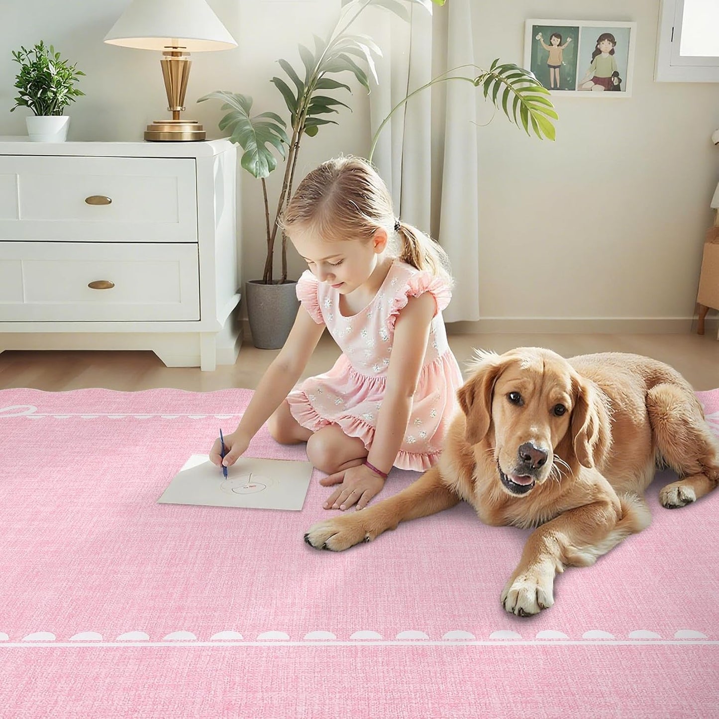 COZYLOOM 4x6 Scalloped Living Room Rugs Washable Kids Bedroom Rug, Non Slip Stain Resistant Modern Bow Rug Non Shedding Low Pile Solid Carpet Foldable Bordered Mats for Entryway, Dining Room, Pink