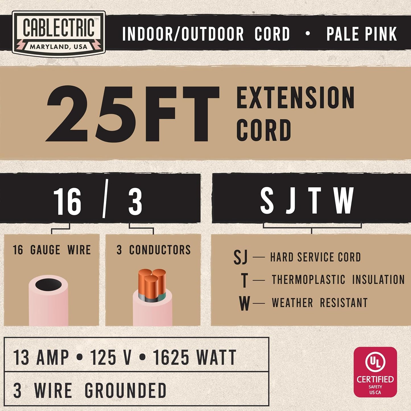Outdoor Extension Cord 25 ft - 16 Gauge 13 Amp Heavy Duty Power Extension Cords - SJTW - Great for Small Appliances, Outdoor Lights, Garden Supplies - Pink