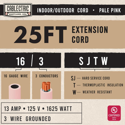 Outdoor Extension Cord 25 ft - 16 Gauge 13 Amp Heavy Duty Power Extension Cords - SJTW - Great for Small Appliances, Outdoor Lights, Garden Supplies - Pink