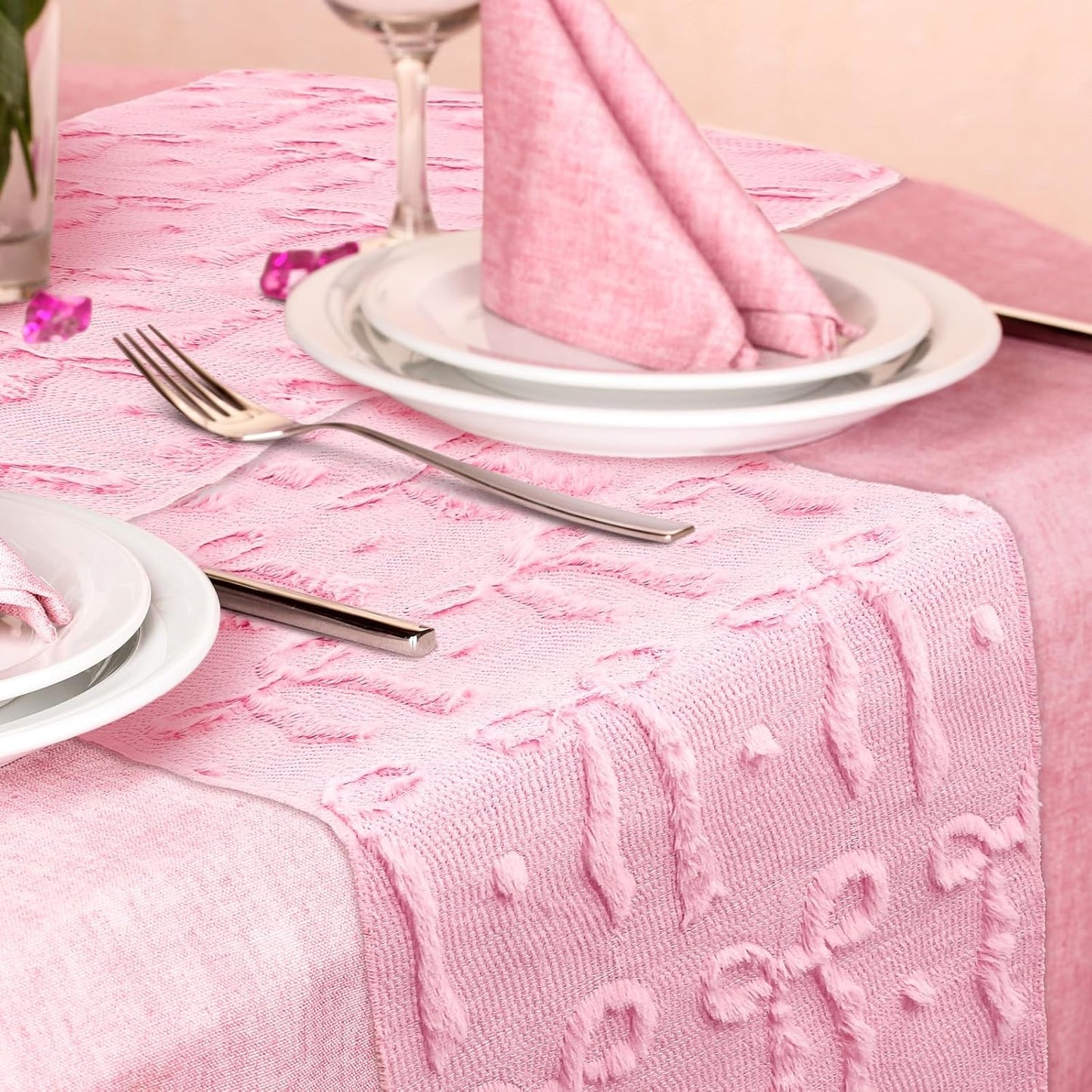 FYSUIMU Pink Bow Dot Table Runner 3D Bow Knot Plush Faux Fur Dining Table Cover for Coquette Party Home Kitchen Decoration, 13 x 72 Inch