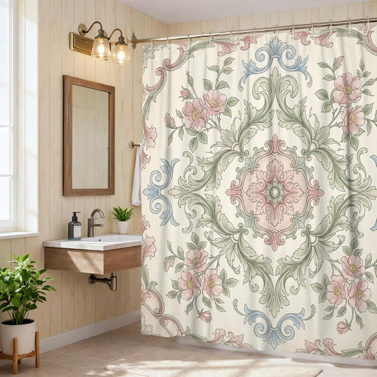 Flower Shower Curtain, Vintage Elegant Leaf Scroll Spring Pastel Peach Polyester Waterproof Toile Cloth Shower Curtains for Bathroom Bathtub Apartment Decor 72x72 Inch