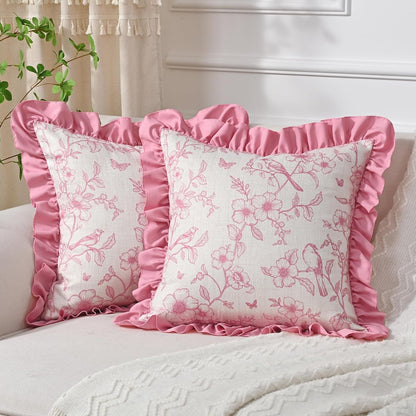 Yinhua Floral Linen Throw Pillow Covers 18x18 Inches Set of 2, Farmhouse Decorative Couch Pillow Covers with Ruffle, French Country Throw Pillowcases Soft Cushion Covers for Sofa Bed Living Room, Pink