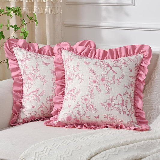 Yinhua Floral Linen Throw Pillow Covers 18x18 Inches Set of 2, Farmhouse Decorative Couch Pillow Covers with Ruffle, French Country Throw Pillowcases Soft Cushion Covers for Sofa Bed Living Room, Pink