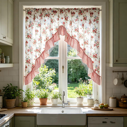 Pink Floral Ruffle Swag Valances for Kitchen Window Privacy Light Filtering Curtain Tiers for Bedroom Bathroom Over Sink Rod Pocket Valance for Small Window 1 Panel W59 x L39 Inch