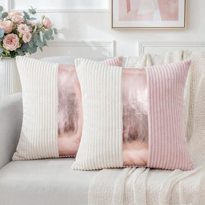 Pink and Cream White Boho Striped Corduroy Throw Pillow Covers with Gold Leather Patchwork 18x18 Inch, Pack of 2, Double-Sided, Soft Home Decorative Pillows for Couch and Living Room