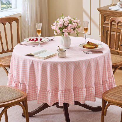 Gingham Ruffled 70" Round Tablecloth Cotton Linen Picnic Checkered Table Cloth Farmhouse Waterproof Wrinkle Free Buffalo Plaid Table Cover for Outdoor Birthday Party, Pink