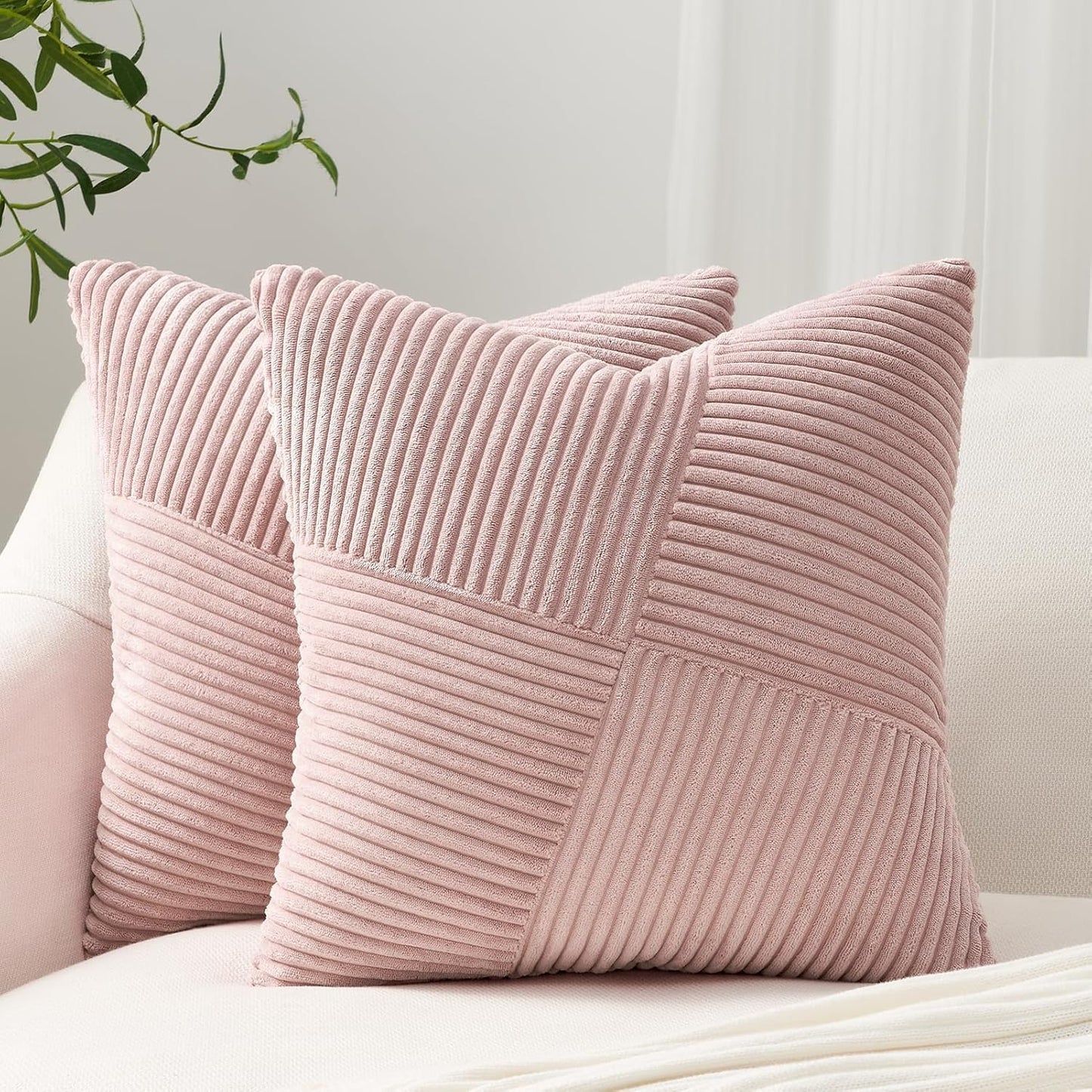 Topfinel Set of 2 Pink Decorative Yellow Throw Pillow Covers 18x18 Inch for Couch Sofa Bed, Farmhouse Boho Rustic Home Decor,Soft Corduroy Windmill Textured Striped Patchwork Cushion Cases