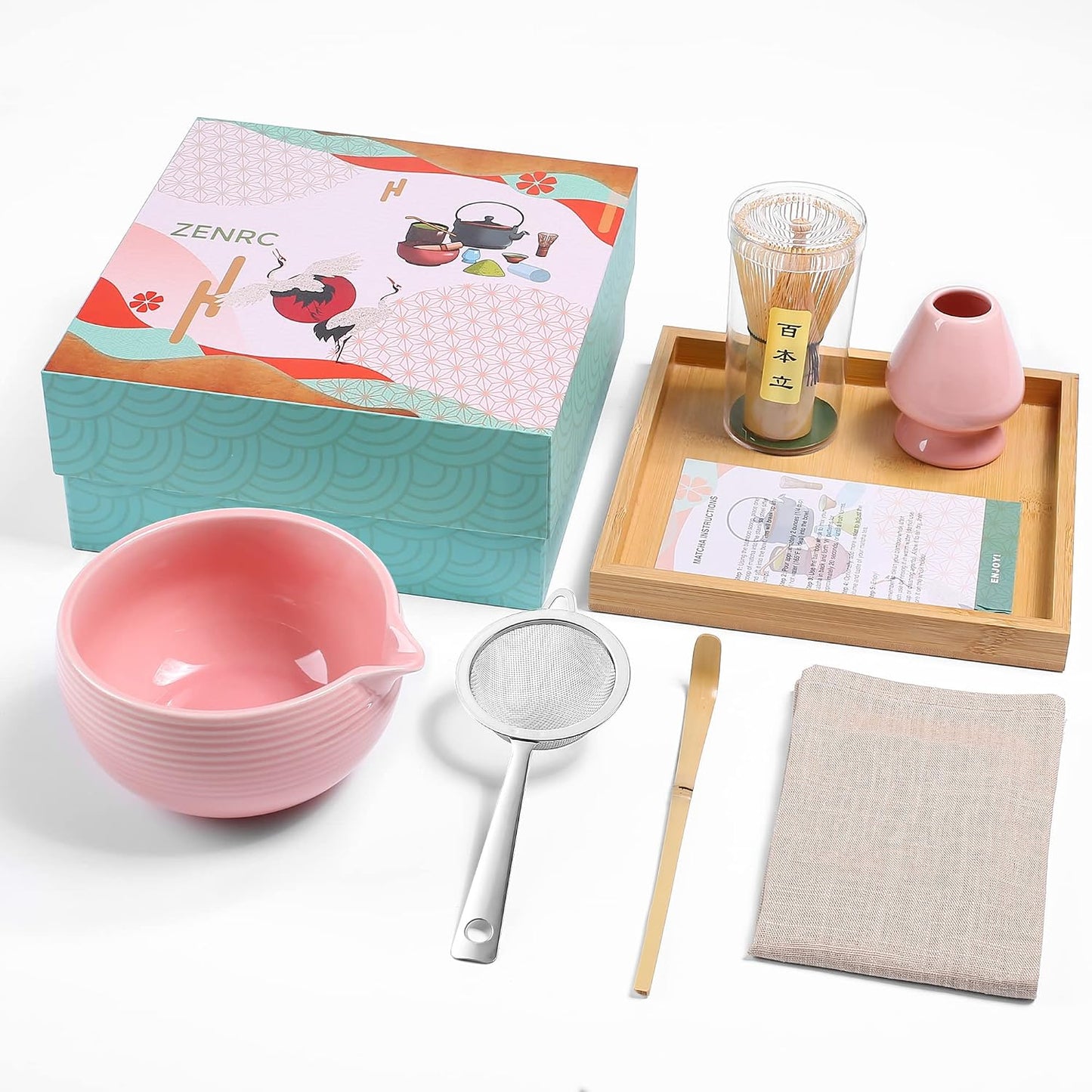 Ceremony Matcha Kit - Traditional Bamboo Matcha Whisk (Chasen) Scoop (Chashaku) Chawan Bowl with Pouring Spout Whisk Holder Sifter Tea Tray - The Perfect Matcha Set (Baby Pink, Set of 7)