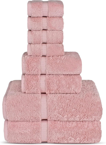 Chakir Turkish Linens Set of 8 Towel Set, 100% Cotton Luxury Turkish Towels for Bathroom, Soft Absorbent Bath Towel Set with 2 Bath Towels 2 Hand Towels 4 Washcloths, Pink