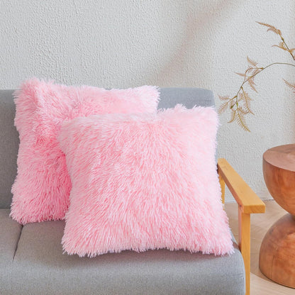 Pink Fluffy Faux Fur Throw Pillow Covers 18"x18", Shaggy Plush Fuzzy Furry Decorative Pillowcase Set for Sofa, Bedroom, or Living Room