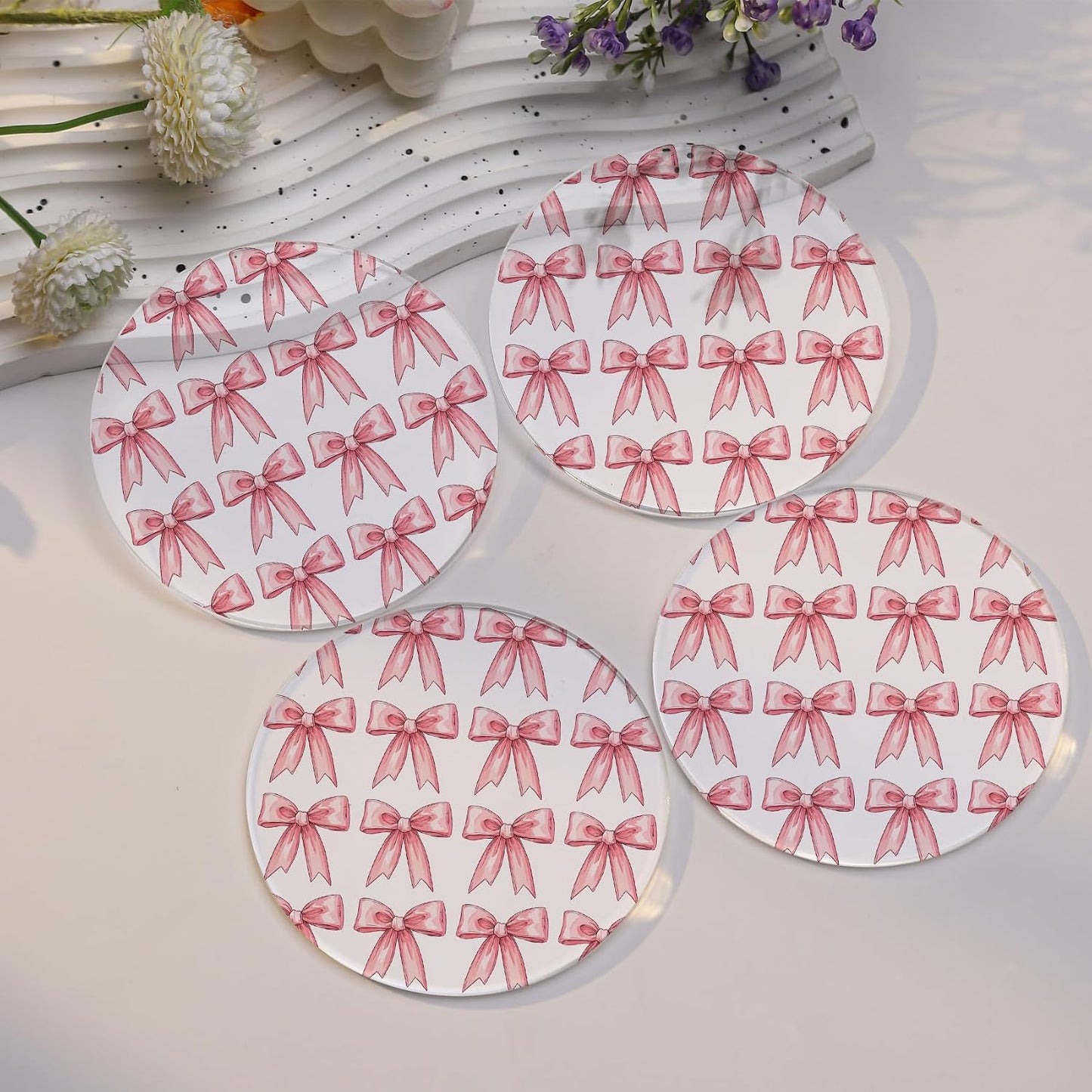 Drink Coasters with Pink Bow Pattern, Round 3.93 Inch, Set of 2,Pink Table Coasters for Home Decor (Pink B)
