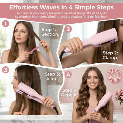 Hair Crimper for Women’s Beach Waves – Pink Deep Waver Curling Iron, 1.25-Inch Ionic Ceramic Hair Tool with Four Temperature Settings, Easy to Use for Long/Short Hair（Pink）