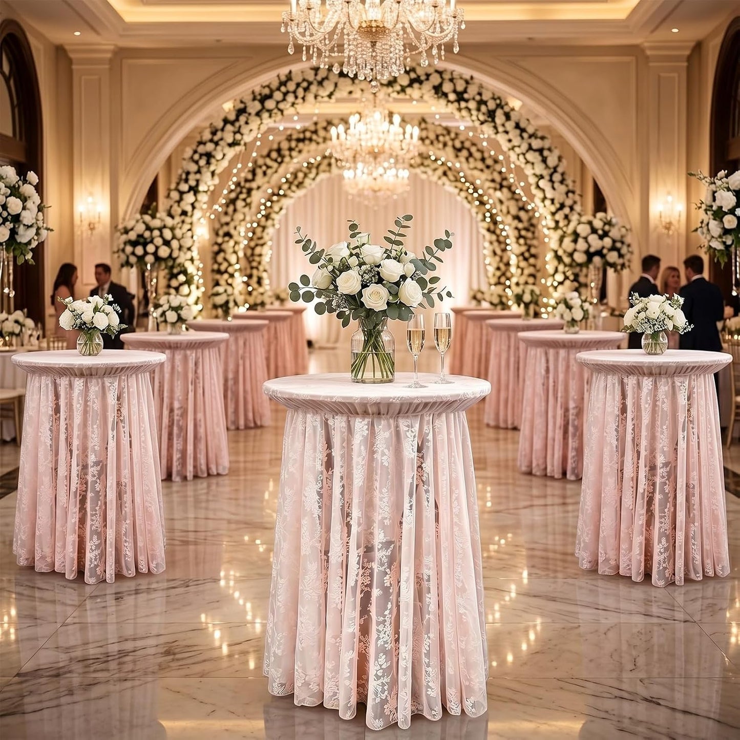 2-Pack Coral Pink Lace Fabric Cocktail Table Covers, Stretch High Top Highboy Tablecloths with Ruffle Skirt, Wrinkle-Resistant, for Wedding Fashion Banquet Home Party Tables (32" Dia x 43" H)