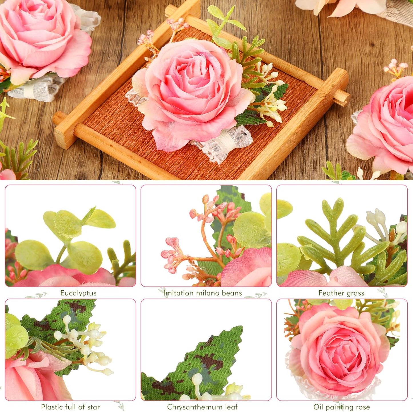 Sherr 24 Pcs Wedding Rose Wrist Corsage Wristlet Band for Bridal Bridesmaid Women Flowers Bracelets Decor Wedding Artificial Flowers for Party Prom Homecoming (Peach Pink)