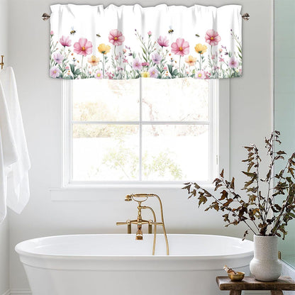 Spring Wildflowers Curtain Valance for Windows Bees Floral Pink Window Treatments 1 Panel Short Curtains for Kitchen Windows Bathroom Bedroom,42 x 12 Inch
