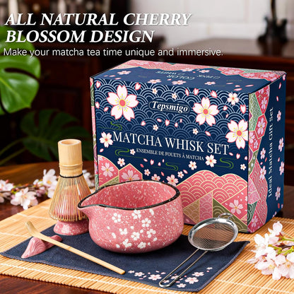 Matcha Whisk Set, 7 PCS Ceramic Matcha Sets with Bowl, Bamboo Whisk and Holder, Towel, Sifter, Bamboo Scoop, Scoop Rest, Gifts for Tea Lovers, Birthdays New Year Gifts for Women Mom