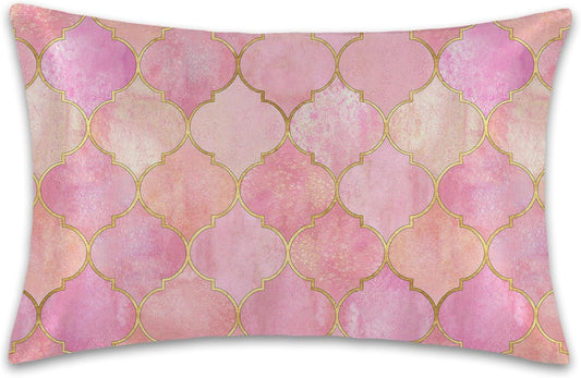 1 Pack Satin Pillowcase for Hair and Skin Vintage Moroccan Pink Golden Imitation Silk Pillowcase 20" x 26" with Hidden Zipper Soft Smooth Cooling Pillow Cover Standard Size for Bedroom Sofa