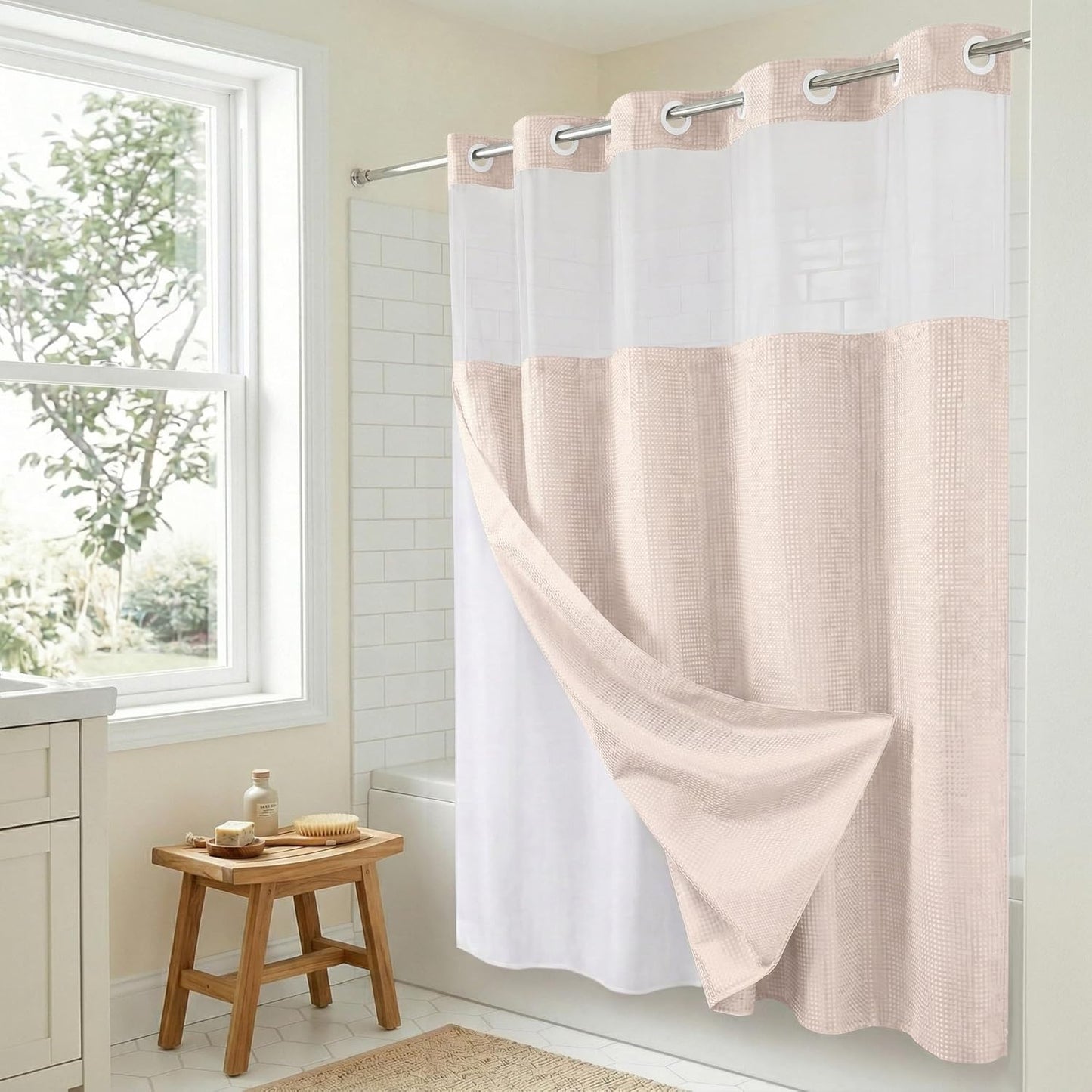Americanflat 72x75 Hookless Waffle Pattern Shower Curtain - Water-Resistant Long Shower Curtain with Sheer Panel, Snap-in Liner, and Durable Grommets - 100% Polyester - Pink