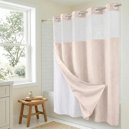Americanflat 72x75 Hookless Waffle Pattern Shower Curtain - Water-Resistant Long Shower Curtain with Sheer Panel, Snap-in Liner, and Durable Grommets - 100% Polyester - Pink