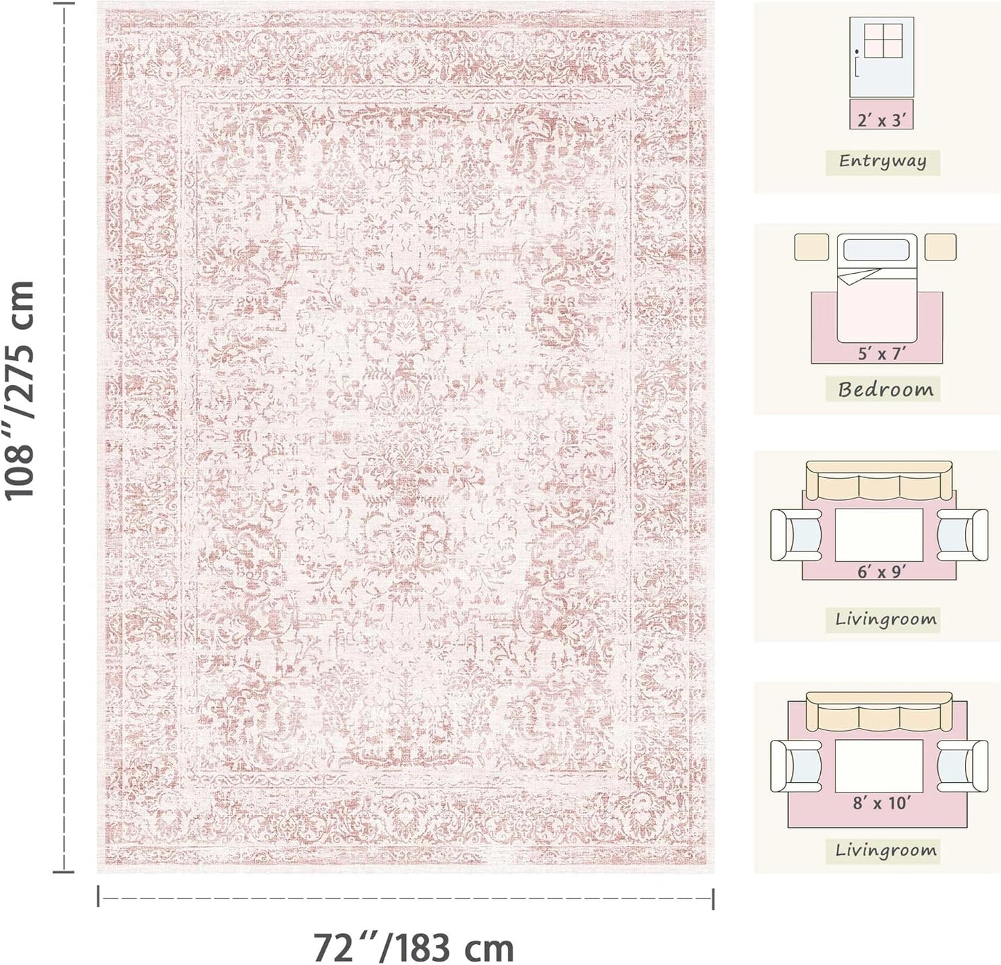 Washable Pink Rug for Girls Bedroom, 6x9 Area Rugs for Living Room, Non Slip Low Pile Large Indoor Carpet, Soft Cute Rug for Kids Nursery, Kitchen, Dining, Classroom, Playroom, Dorm, Office