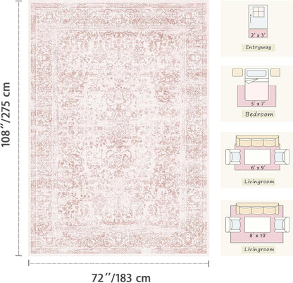 Washable Pink Rug for Girls Bedroom, 6x9 Area Rugs for Living Room, Non Slip Low Pile Large Indoor Carpet, Soft Cute Rug for Kids Nursery, Kitchen, Dining, Classroom, Playroom, Dorm, Office