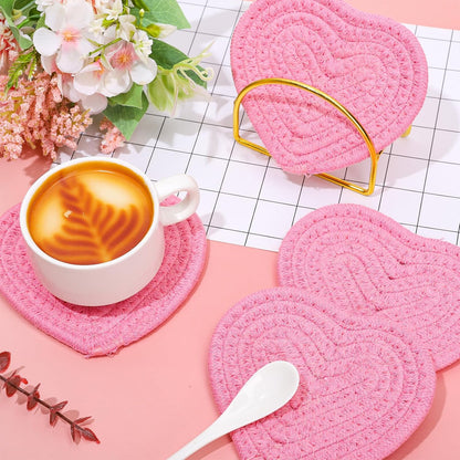 Whaline Valentine's Day Heart Coasters Pink Love Heart Shape Handmade Braided Cotton Drink Coasters Absorbent Cup Mats with Holder for Mother's Day Wedding Birthday Party Housewarming Gift, 4Pcs