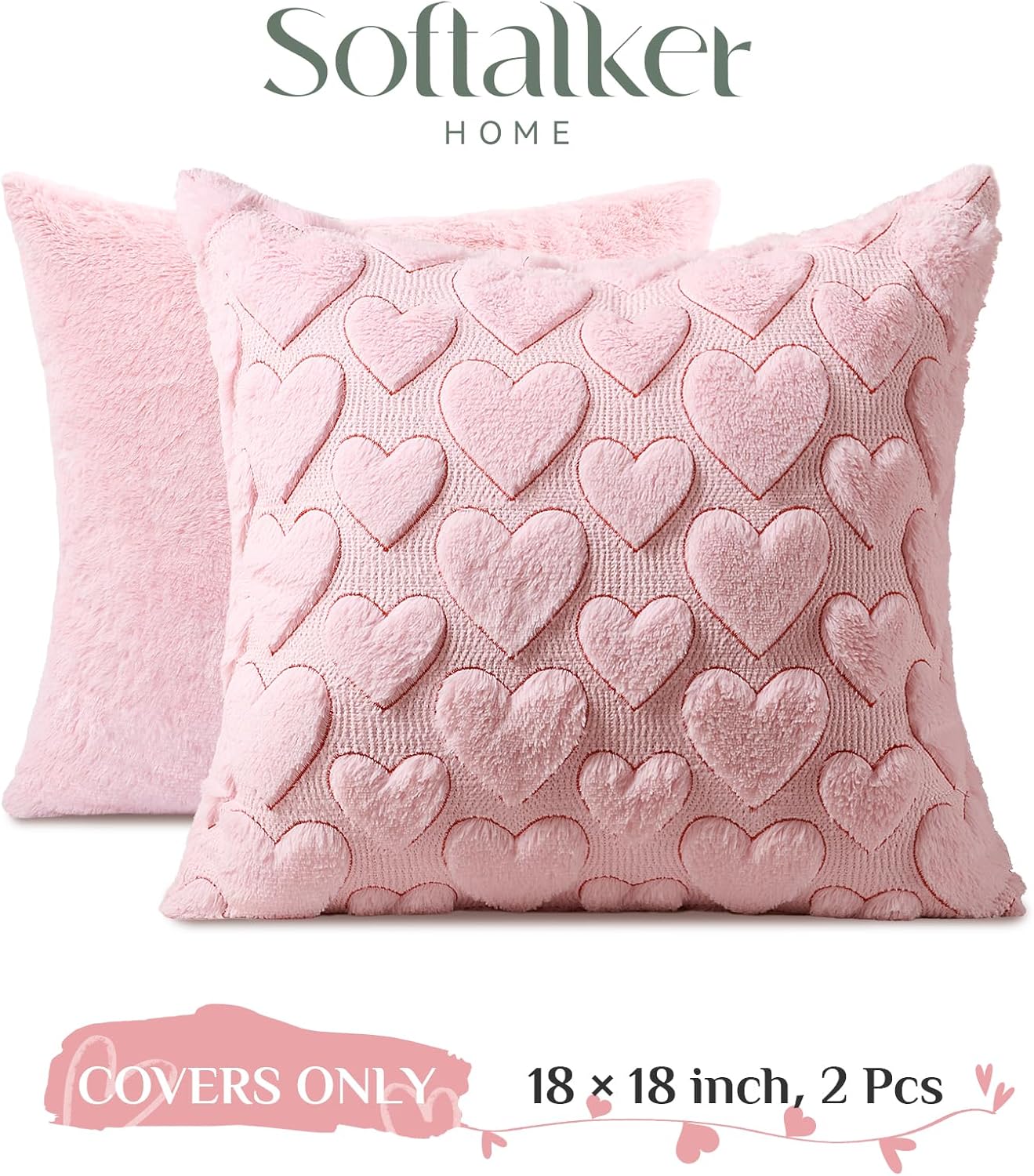 Softalker Pink Heart Pillow Covers 18 x 18 Inch Set of 2, Spring Summer Soft Faux Fur Cushion Covers, 3D Embroidered Pillow Cases for Girl's Room Decor