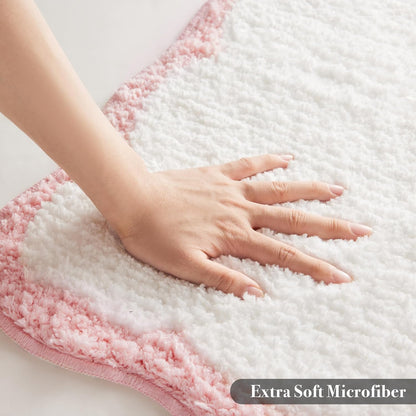 Luxury Microfiber Bathroom Rugs, White Bath Rug with Pink Scalloped Piping Cute Aesthetic Girly Bath Mat for Women's Bathroom, Tub, Floor Carpet, Sink, Shower, Anti Slip, Absorbent, 32x20