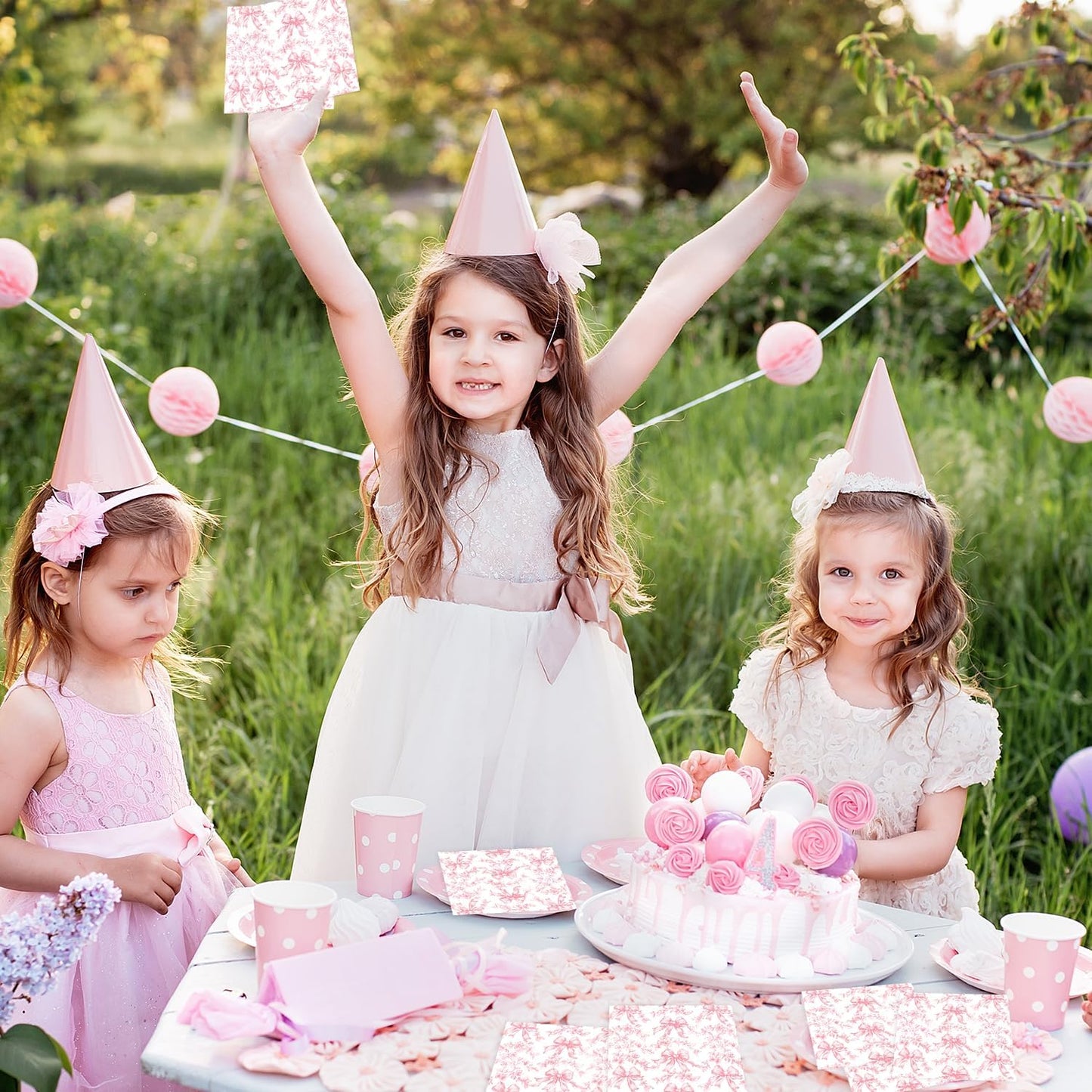 Quera Pink Bow Napkins Cocktail Floral Coquette Party Favor for Baby Shower | 50 Pcs Paper Toile Napkin for girl Bridal Birthday White Bows