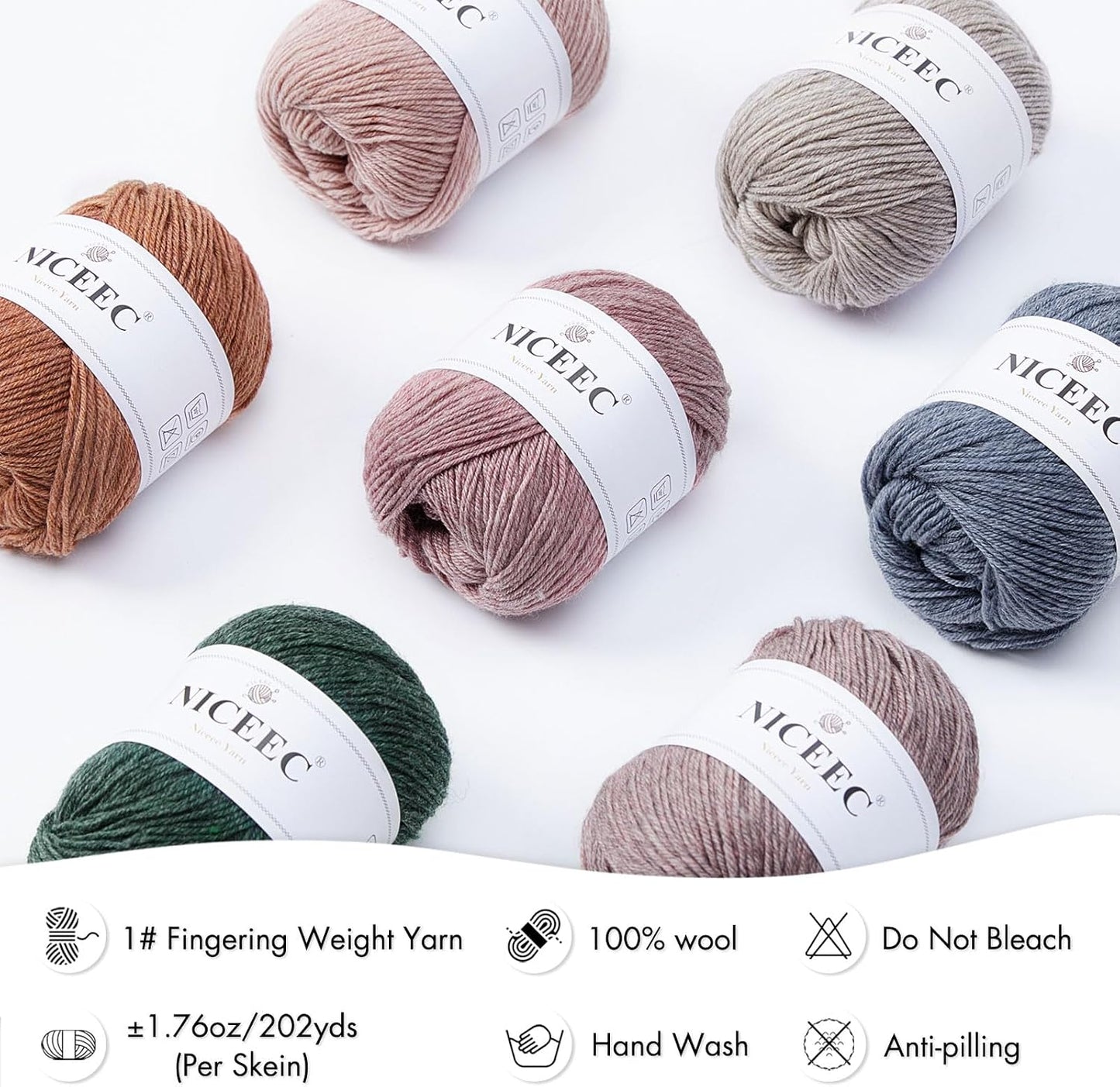 NICEEC 3 Skeins Soft Merino Wool Yarn - Soft & Warm, Finger Weight, Woolen Yarn for Crochet & Knitting, Total 5.3oz/606yds - Pale Pink