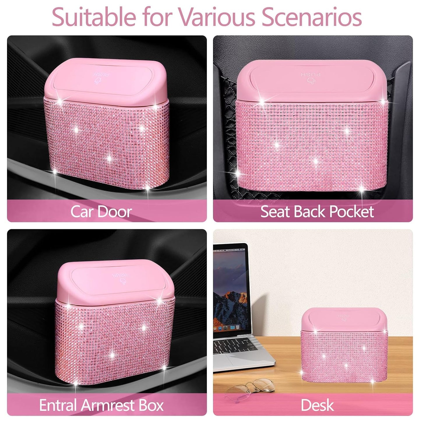 NBTEPEM Bling Pink Car Trash Can with Lid - 2 Pack, Mini Auto Garbage Can with 60 Trash Bags, Automotive Garbage Container Bin, Bling Car Accessories Trash Can for Women (Pink Diamond)