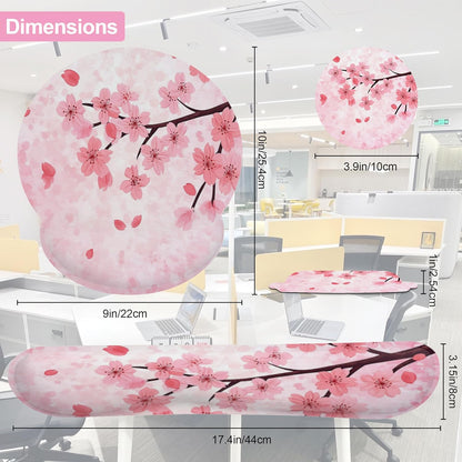 Cherry Blossom Pink Flower Mouse Pad with Wrist Rest Set, 3-in-1 Wrist Support Mousepad Set, Gaming Mat Pad with Anti-Skid Base,Ergonomic Memory Foam Mouse Pad Set for Women, Office, Typing, Gaming